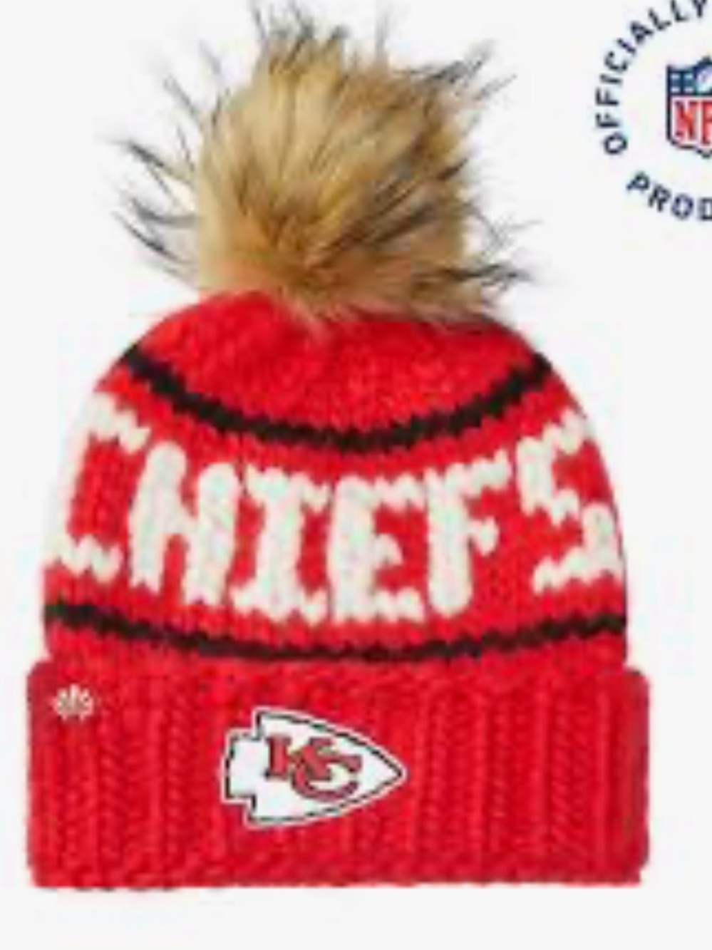 Lele Sadoughi Kansas City Chiefs Red, White & Black Knit Pom Beanie with Fur